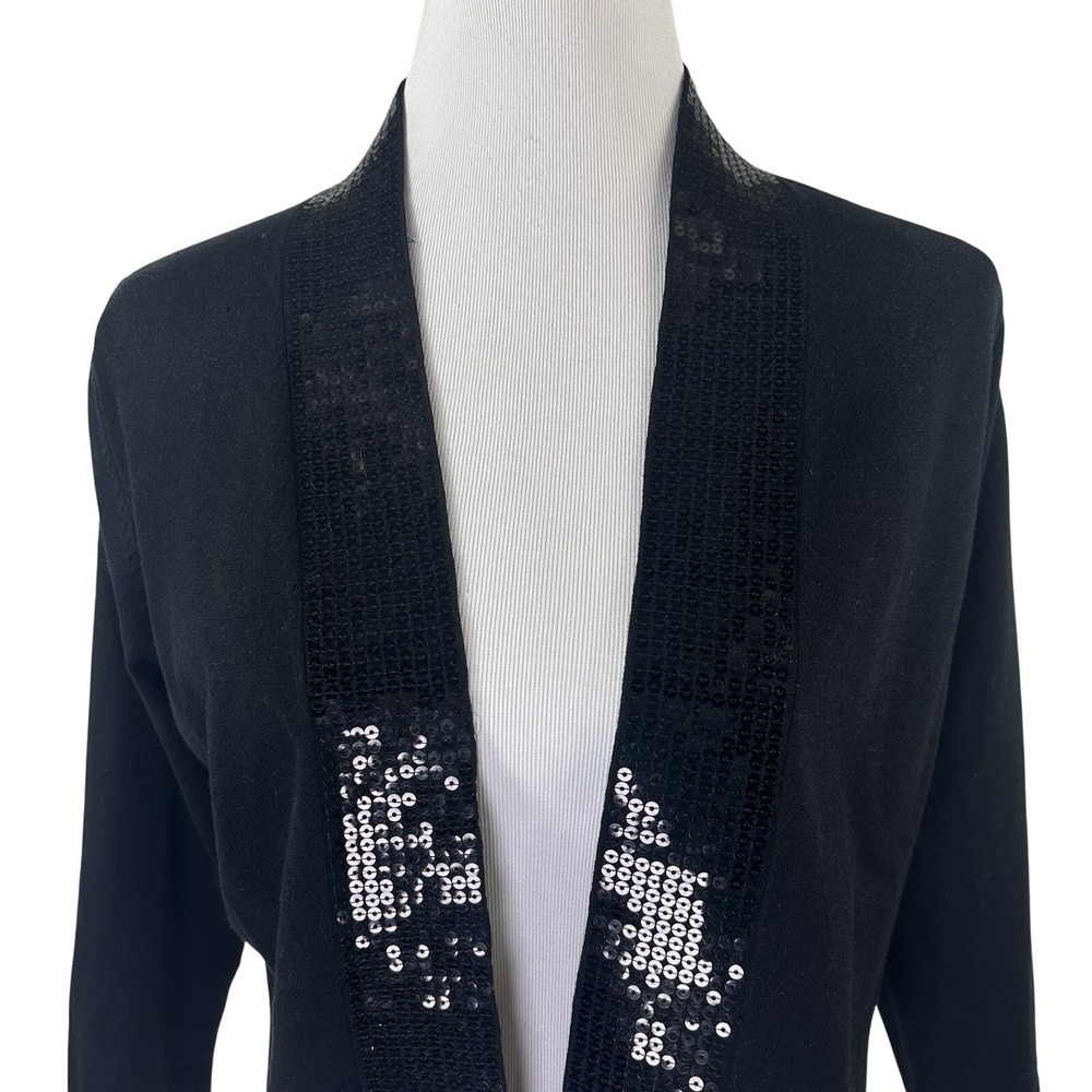 Calvin Klein Cropped Sequin Cardigan‎ 3/4 Sleeve Black Sweater Open Womens M - Picture 3 of 10